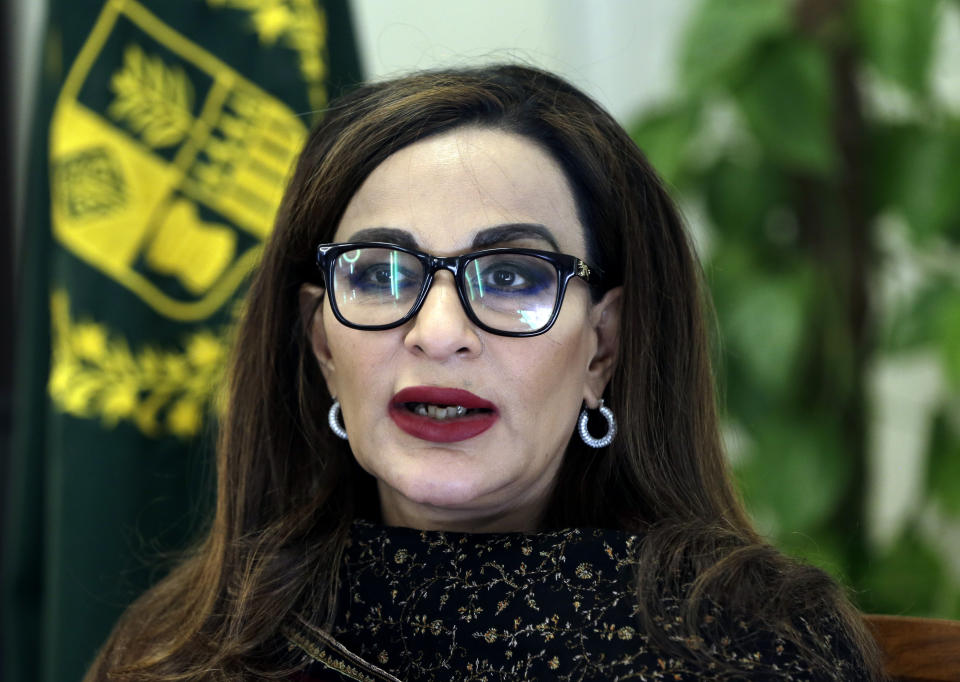 Pakistan's climate minister, Sherry Rehman speaks during an interview with The Associated Press in Islamabad, Pakistan, Monday, Aug. 29, 2022. Rehman said Pakistan suffered heavier rains this year mainly because of climate change, which also caused fire in forests. (AP Photo/Rahmat Gul)