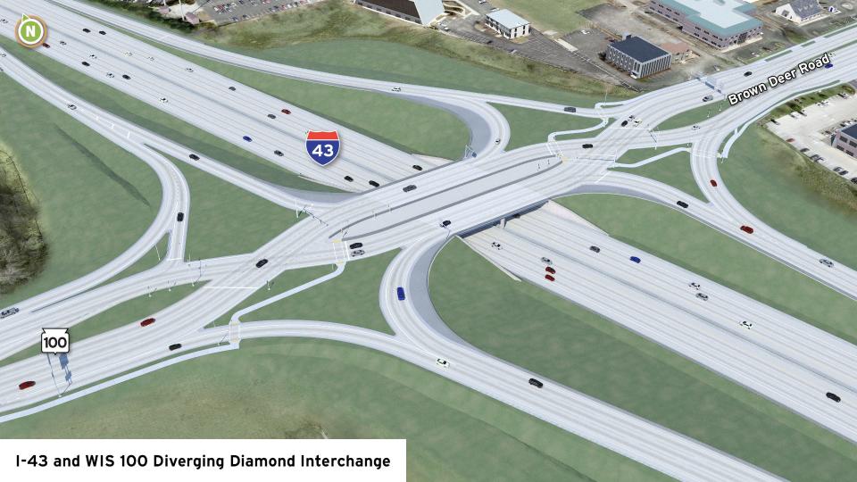 A WisDOT rendering of the new diamond interchange under construction at I-43 and WIS 100. Beginning March 6, the I-43 southbound ramps at Brown Deer Road will close for approximately three months during construction.