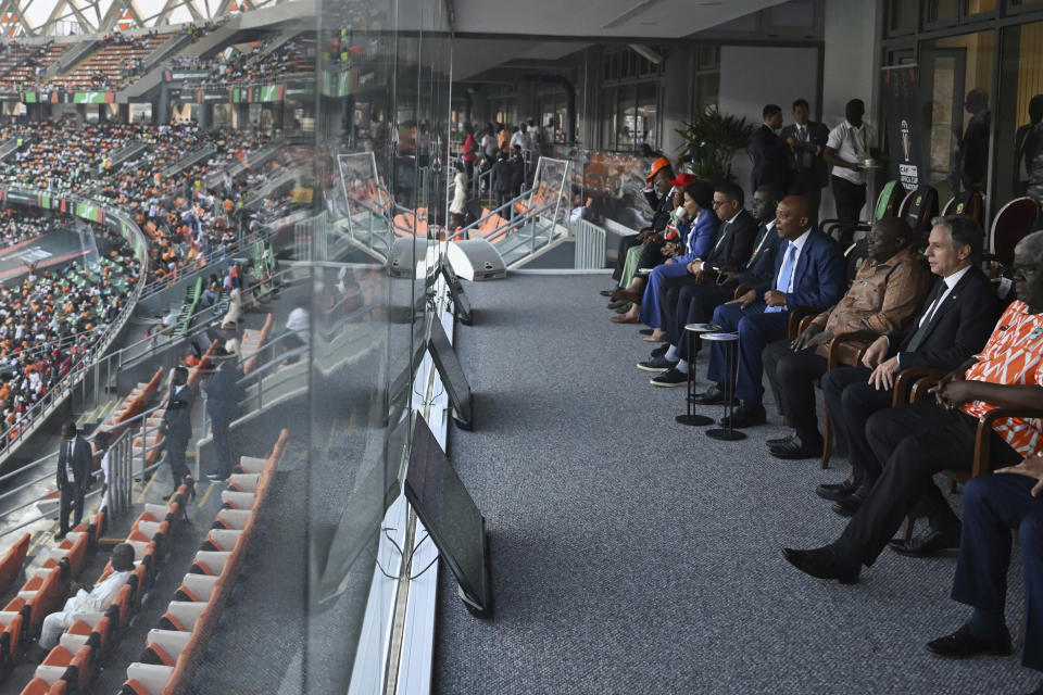 US Secretary of State Antony Blinken, 2nd right, Prime Minister of Ivory Coast Robert Beugre Mambe, right, and President of the Confederation of African Football (CAF) Patrice Motsepe, 4th right, watch the Africa Cup of Nations (CAN) 2024 group A soccer match between Equatorial Guinea and Ivory Coast at the Alassane Ouattara Stadium in Ebimpe, Abidjan Abidjan, Ivory Coast, Monday, Jan. 22, 2024. (Andrew Caballero-Reynolds/Pool Photo via AP)