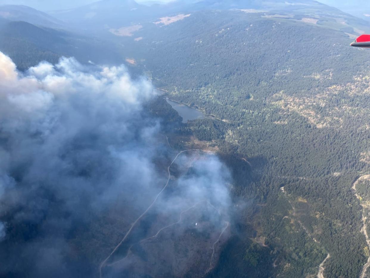 The Glen Lake wildfire, burning about 15 kilometres west of Peachland, B.C., is seen from an aircraft on Sunday. (X/B.C. Wildfire Service - image credit)