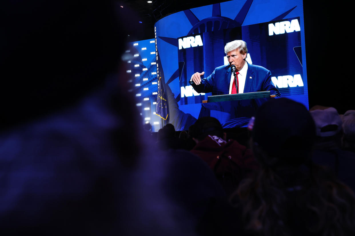 14: Former President Donald Trump at the 2023 NRA-ILA Leadership Forum in Indianapolis on April 14, 2023. (Scott Olson / Getty Images)