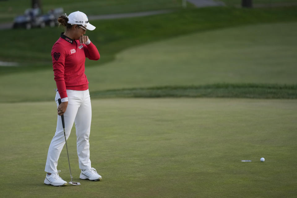 Minjee Lee, of Australia, looks after a missed putt on the 18th green during a playoff in the final round of the LPGA Cognizant Founders Cup golf tournament, Sunday, May 14, 2023, in Clifton, N.J. (AP Photo/Seth Wenig)