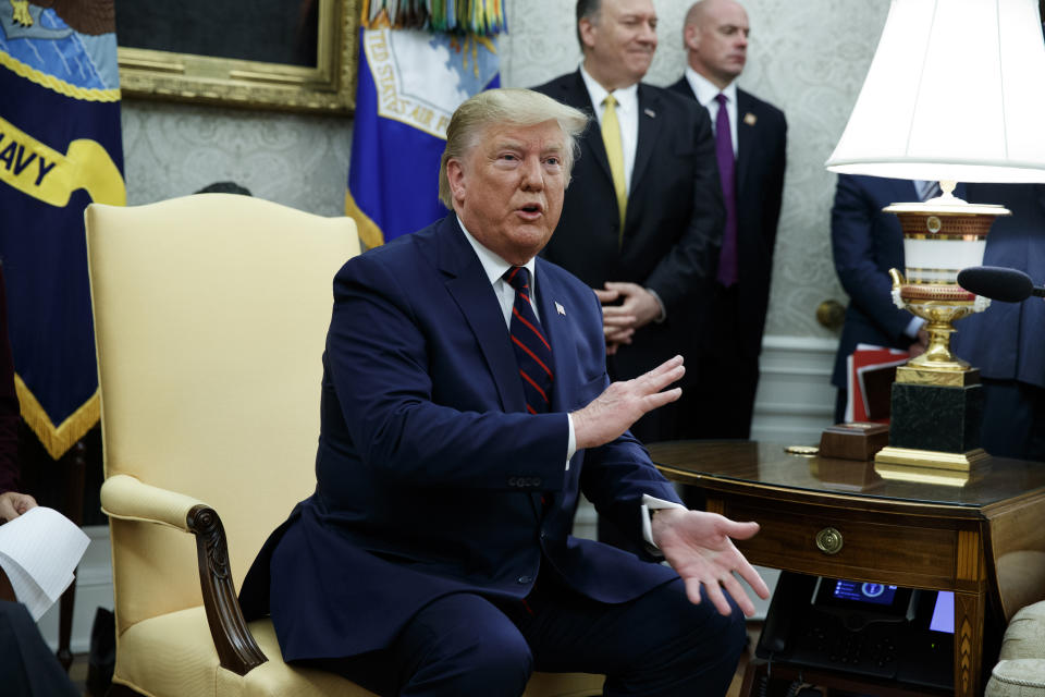 President Donald Trump speaks during a meeting with Italian President Sergio Mattarella in the Oval Office of the White House, Wednesday, Oct. 16, 2019, in Washington. (AP Photo/Evan Vucci)