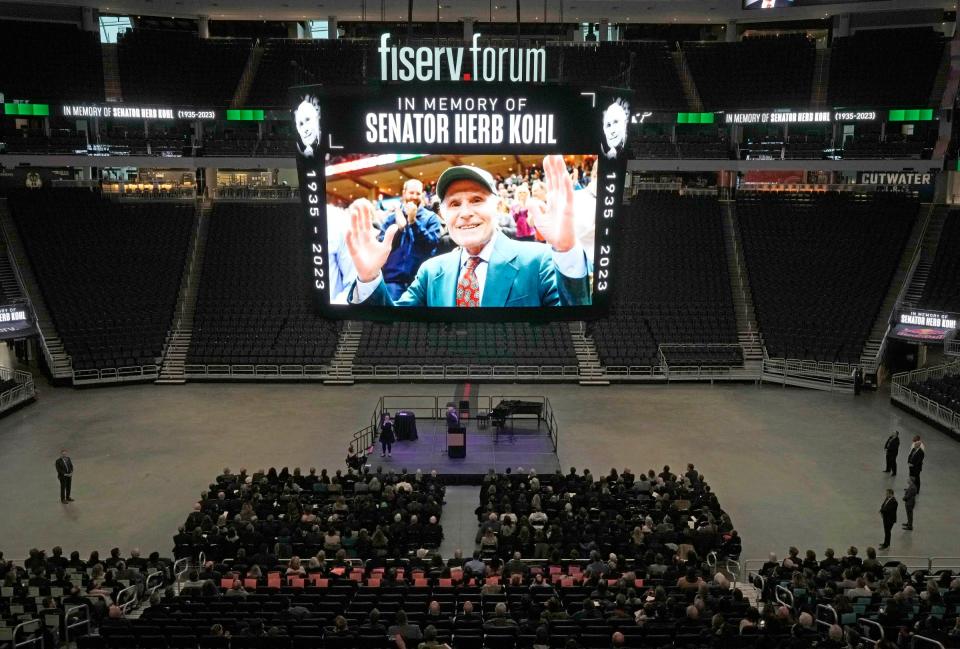 A video is played during a public memorial service for former Bucks owner and U.S. senator Herb Kohl at Fiserv Forum in Milwaukee on Friday, Jan. 12, 2024. Kohl, 88, died Dec. 27 after a brief illness.