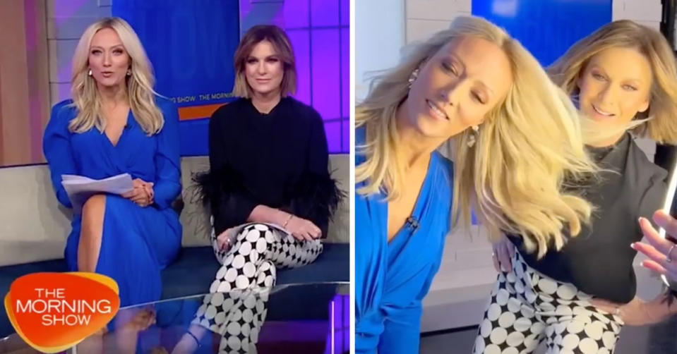 L: The Morning Show hosts Sally Bowrey in a blue dress sits next to Kylie Gillies in a black top and white pants with black checkers. R: Sally and Kylie have windswept hair in viral video