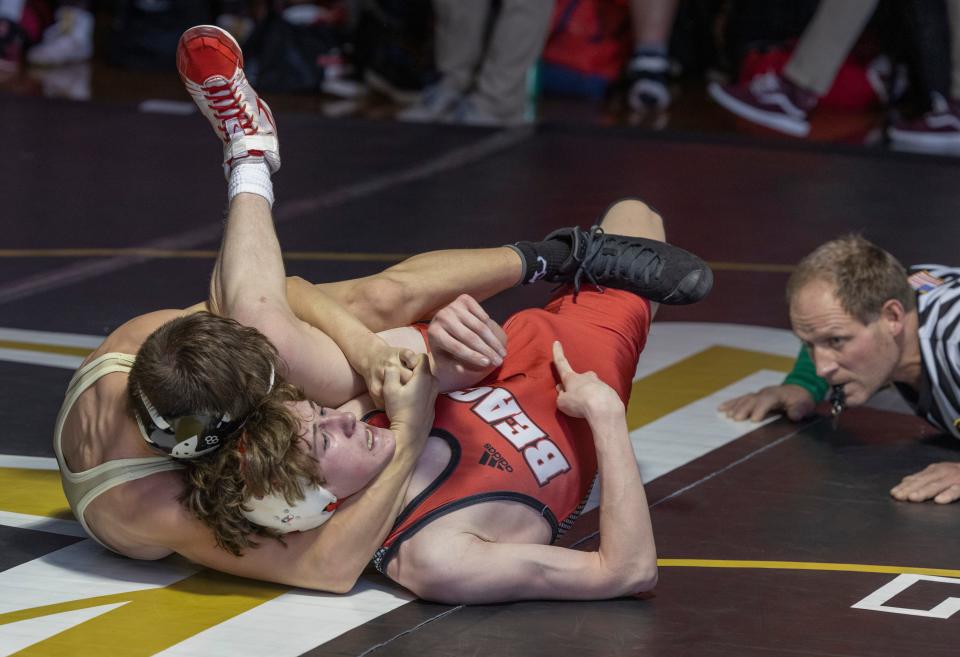 Point Pleasant Boro's Joseph DeAngelo collected back points in his 113-pound bout against Point Pleasant Beach's Luke DeBenedett Friday night. DeAngelo recorded a 16-2 major decision. Point Boro won the match 53-2.