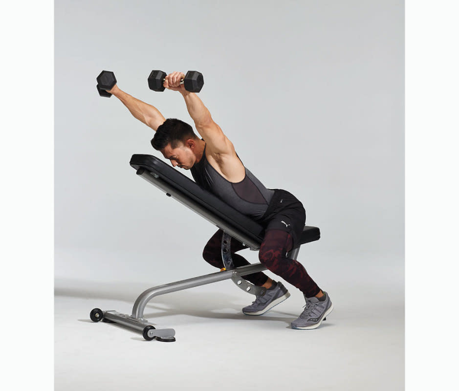 How to do it:<ul><li>Straddle a bench set to a 45-degree incline, a light (3 to 10 pounds) dumbbell in each hand.</li><li>Raise arms up and out to form the letter Y. Hold this position for 5 to 8 seconds.</li></ul>