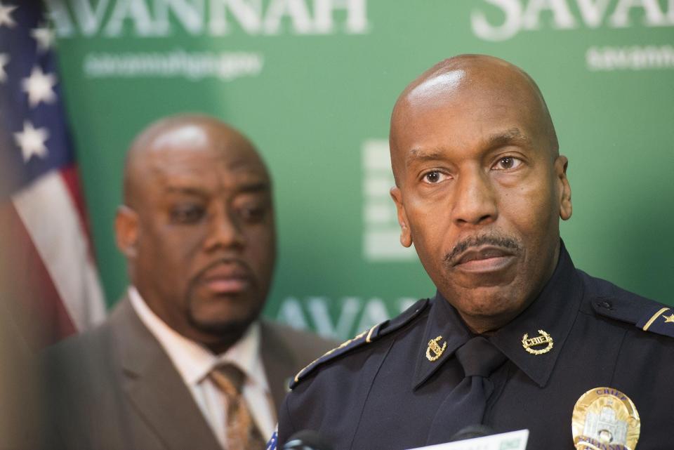 Mayor Van Johnson and Police Chief Roy Minter at a recent press conference.