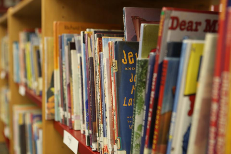 Library books line the shelves at the Bayard School in Wilmington.