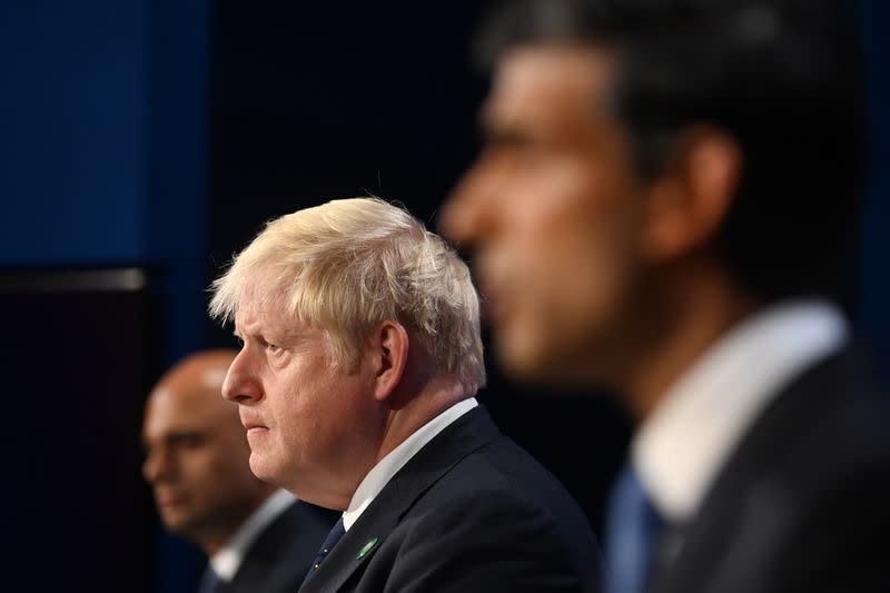 Britain's Prime Minister Johnson, Chancellor of the Exchequer Sunak and Health Secretary Javid give news conference in London