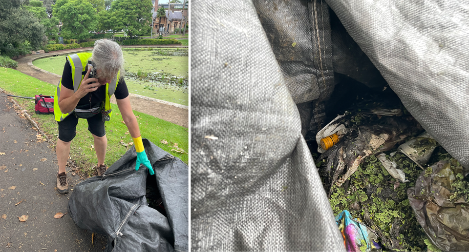 Left - Wildlife rescuer Kelly Murphy shows Yahoo News Australia the bodies of two badly decomposed birds inside a sack. Right - inside the sack.