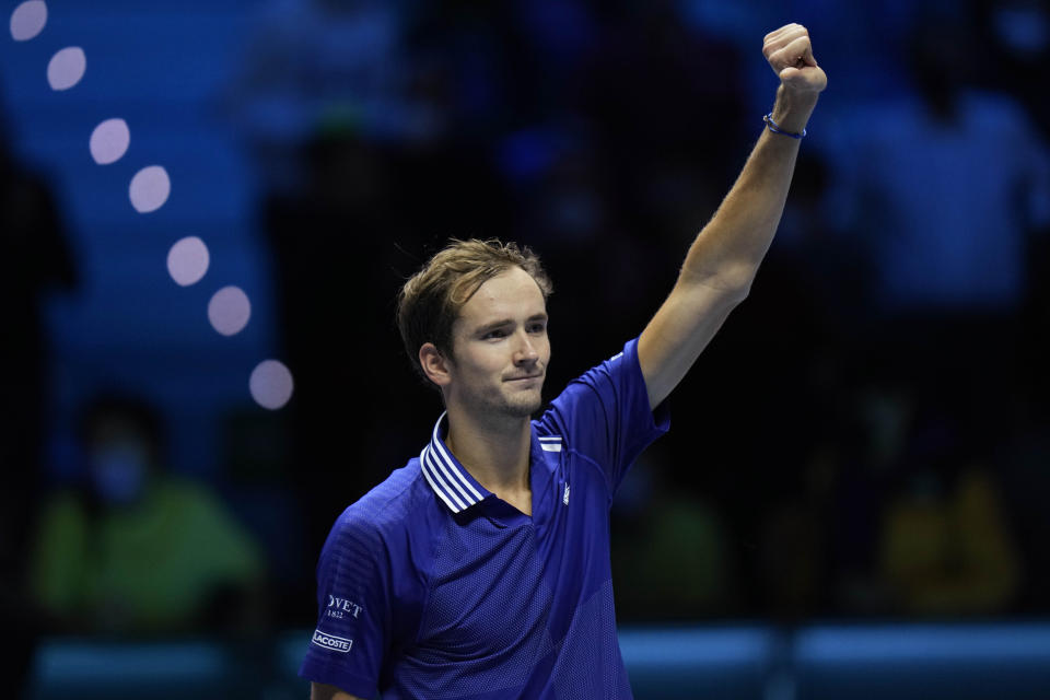 Danil Medvedev of Russia celebrates after defeating Hubert Hurkacz of Poland during their ATP World Tour Finals singles tennis match, at the Pala Alpitour in Turin, Sunday, Nov. 14, 2021. (AP Photo/Luca Bruno)