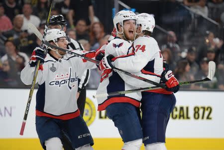 May 30, 2018; Las Vegas, NV, USA; Washington Capitals center Lars Eller (20) celebrates with teammates after scoring a goal against the Vegas Golden Knights in the first period in game two of the 2018 Stanley Cup Final at T-Mobile Arena. Gary A. Vasquez-USA TODAY Sports