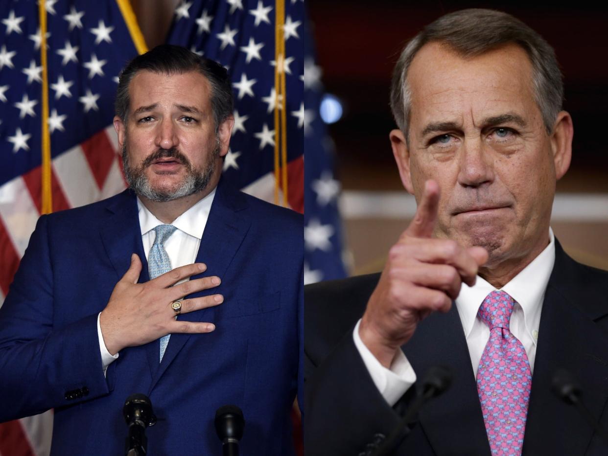 <p>Ted Cruz (L) puts copy of John Boehner’s (R) book in fireplace after ex-Speaker dubbed him ‘Lucifer in the flesh’</p> (Getty Images)