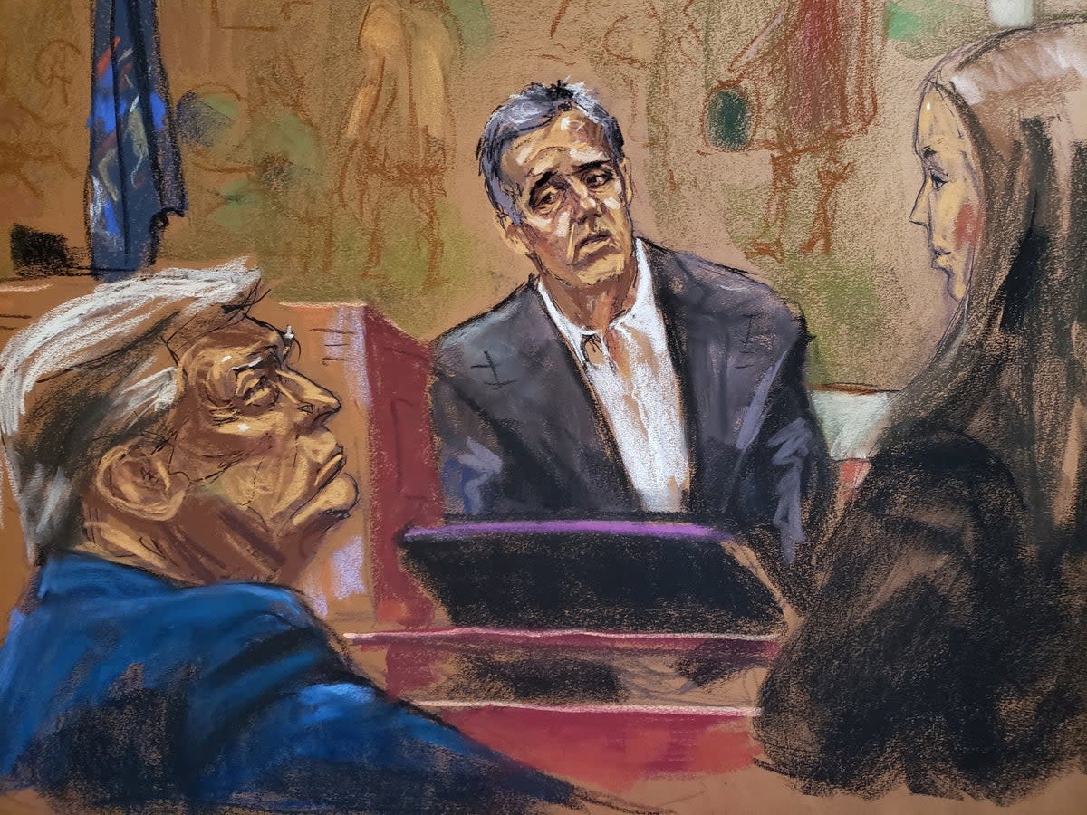 A courtroom sketch shows Donald Trump listening to his former attorney Michael Cohen testify against him during a civil fraud trial in New York Supreme Court on 24 October. (REUTERS)