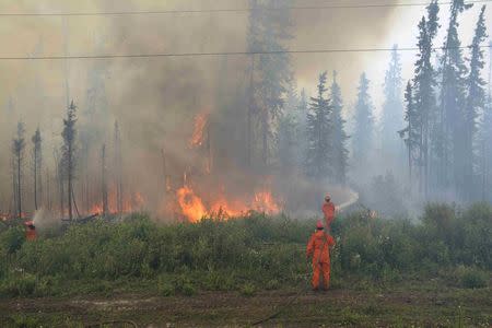 Firefighters tackle a wildfire near the town of La Ronge, Saskatchewan July 5, 2015 in a picture provided by the Saskatchewan Ministry of Government Relations. REUTERS/Saskatchewan Ministry of Government Relations/Handout via Reuters