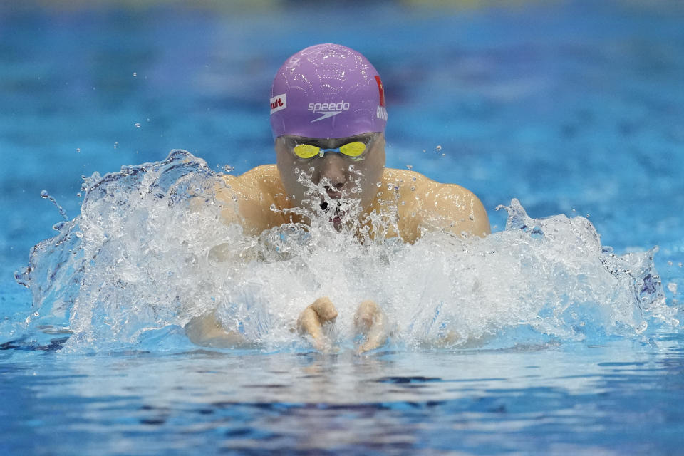 China's Qin Haiyang competes during the men's 200m breaststroke semifinal at the World Swimming Championships in Fukuoka, Japan, Thursday, July 27, 2023. (AP Photo/Lee Jin-man)