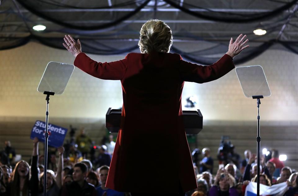 Hillary Clinton at a campaign rally on Oct. 22 at Taylor Allderdice High School in Pittsburgh. (Photo: Justin Sullivan/Getty Images)