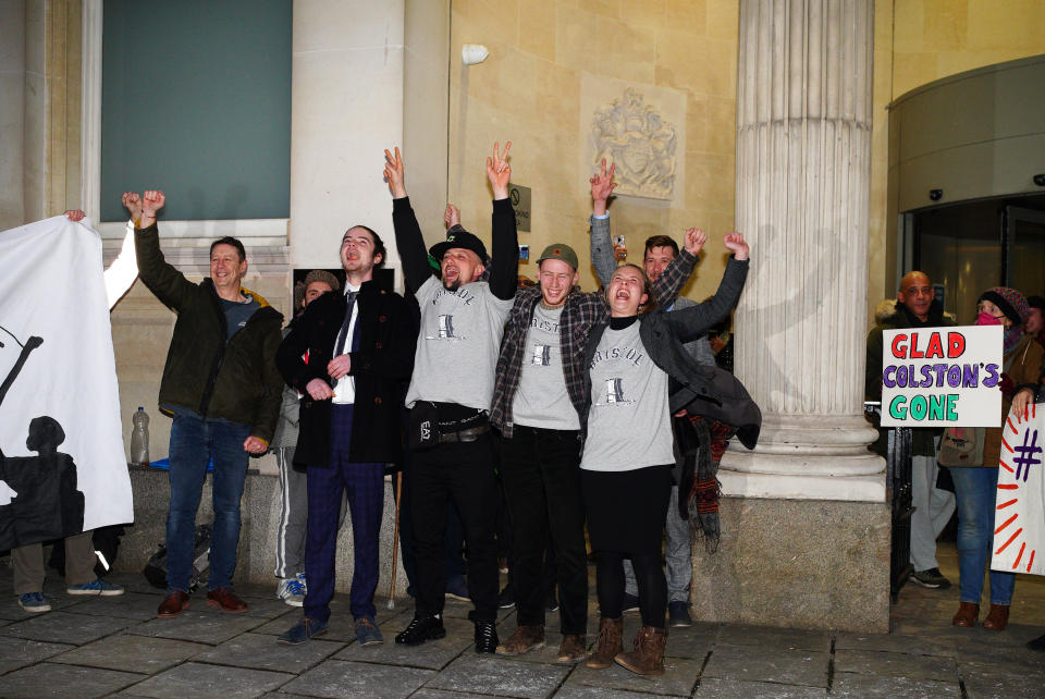 (centre left to right) Sage Willoughby, Jake Skuse, Milo Ponsford and Rhian Graham outside Bristol Crown Court. They have been cleared of criminal damage for pulling down a statue of slave trader Edward Colston during a Black Lives Matter protest in June 2020. Picture date: Wednesday January 5, 2022.