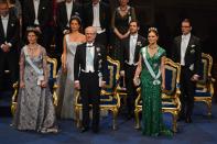 <p>The Swedish royals gather for the Nobel Prize Ceremony, which is held each year in Stockholm. The royal ladies, including Queen Silvia, Crown Princess Victoria, and Princess Madeleine, wore glittering tiaras for the occasion.</p>