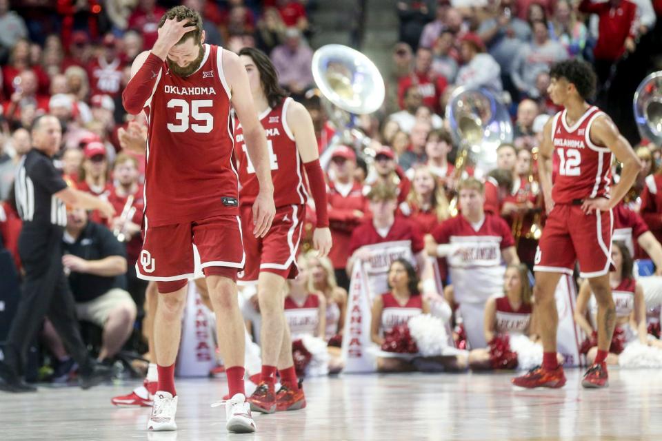 Oklahoma forward Tanner Groves (35) reacts after being called for a foul during an NCAA between Oklahoma and Arkansas at the BOK Center in Tulsa, Okla. on Saturday, Dec. 10, 2022.