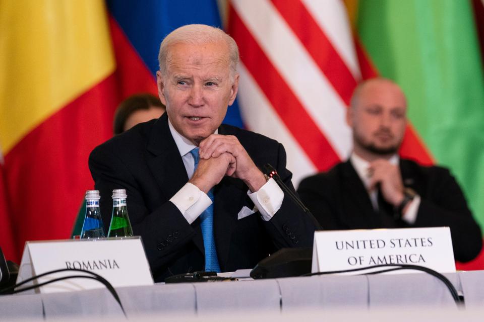 President Joe Biden speaks during a meeting with the leaders of the Bucharest Nine, a group of nine countries that make up the eastern flank of NATO, Wednesday, Feb. 22, 2023, in Warsaw. (AP Photo/ Evan Vucci) ORG XMIT: PLEV112