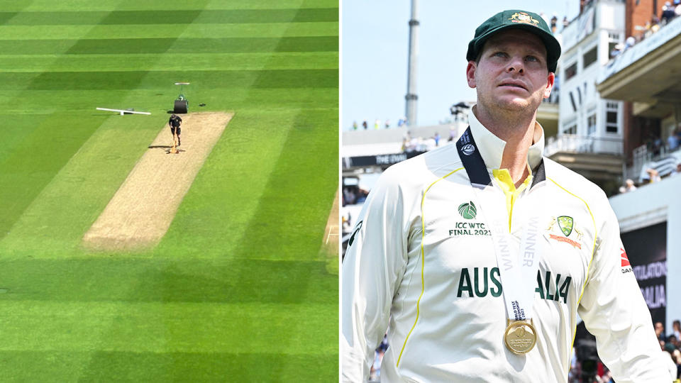 The Edgbaston pitch and Steve Smith looking on after winning the Test Championship final.