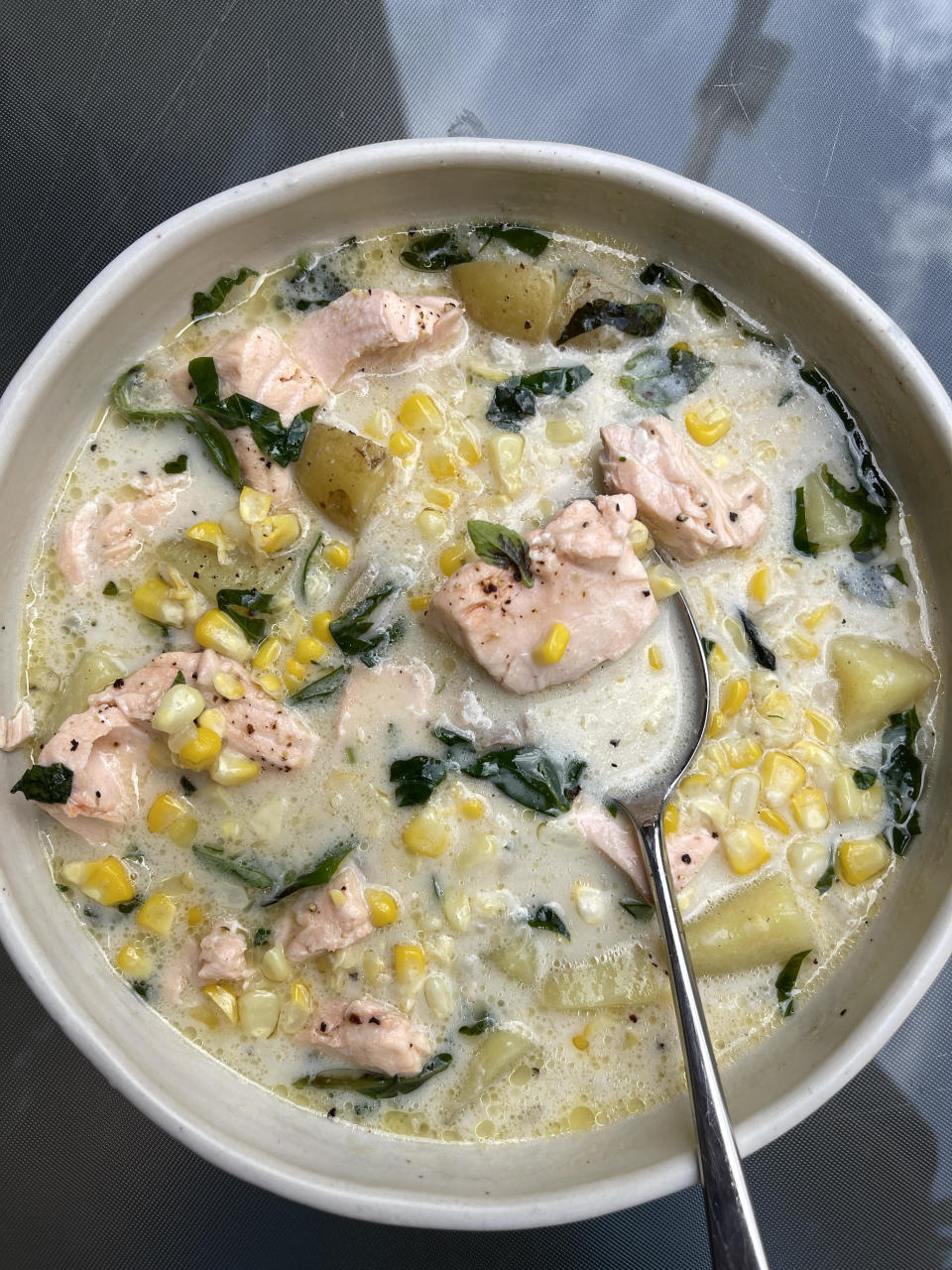 Bowl of salmon and corn chowder