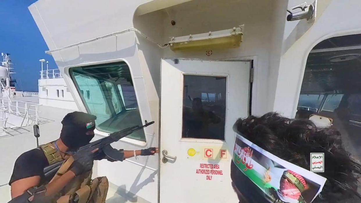  Houthi fighters take over the Galaxy Leader ship in the Red Sea off Hudaydah in November. 