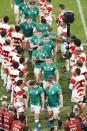 Ireland's players leave the field after their 19-12 loss to Japan during the Rugby World Cup Pool A game at Shizuoka Stadium Ecopa in Shizuoka, Japan, Saturday, Sept. 28, 2019. (Kyodo News via AP)