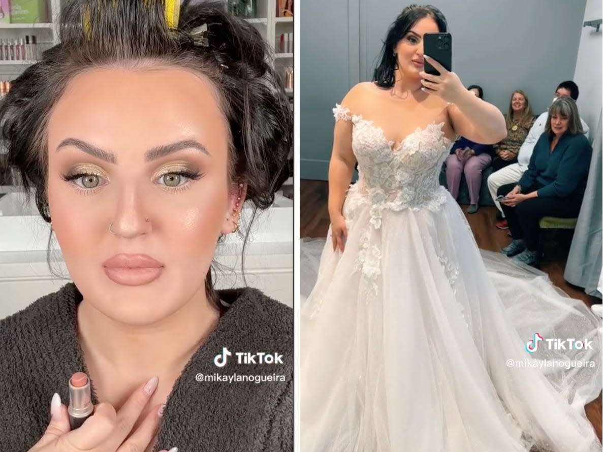 composite image of Mikayla Nogueira tiktoks, one showing her bridal makeup and the other of her in a wedding gown she told viewers she tried on but didn't choose.