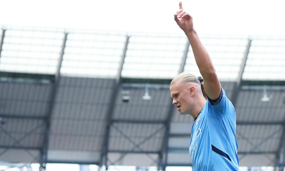 <span>Erling Haaland after scoring his first goal against Brentford on Saturday.</span><span>Photograph: Matt West/Shutterstock</span>