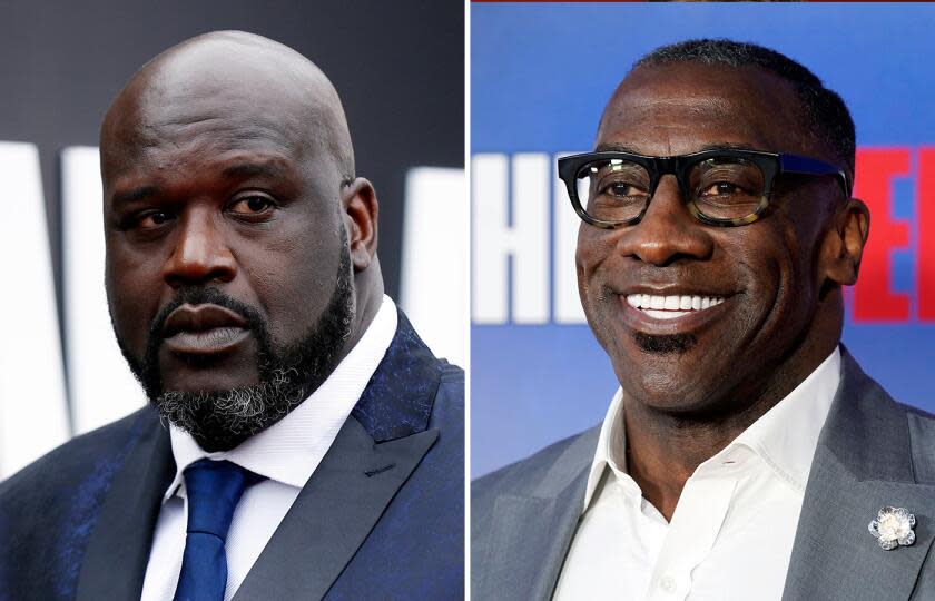 LEFT: Former US basketball player Shaquille O'Neal poses for photographers upon his arrival for the 2019 NBA Awards at Barker Hangar in Santa Monica, California, USA, 24 June 2019. RIGHT: Former NFL football player and current sports analyst Shannon Sharpe poses at a special screening of the Netflix documentary film "The Redeem Team," Sept. 22, 2022, at Netflix Tudum Theater in Los Angeles.