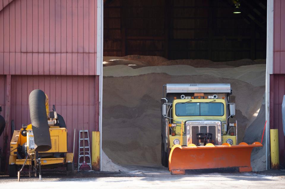 A plow truck is positioned in the salt shed as Paramus DPW  prepares for the snow expected on Friday in Paramus, N.J.