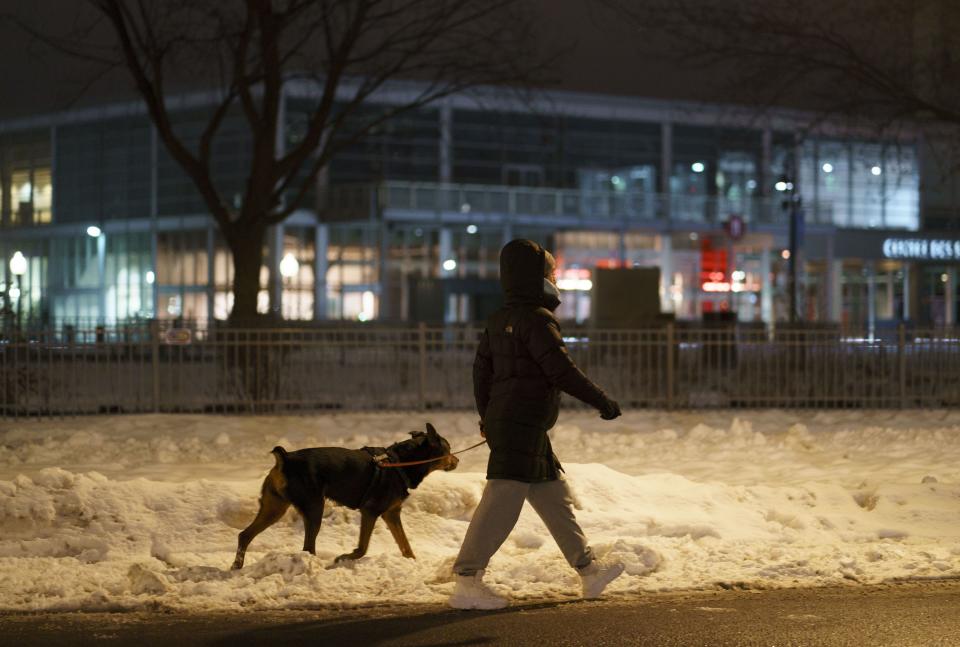 <span class="caption">Une femme promène son chien, à Montréal, un peu avant le couvre-feu de 20 heures imposé par Québec. Sortir son chien est l’une des dérogations permises pour justifier sa présence hors de son foyer.</span> <span class="attribution"><span class="source">La Presse Canadienne/Paul Chiasson</span></span>