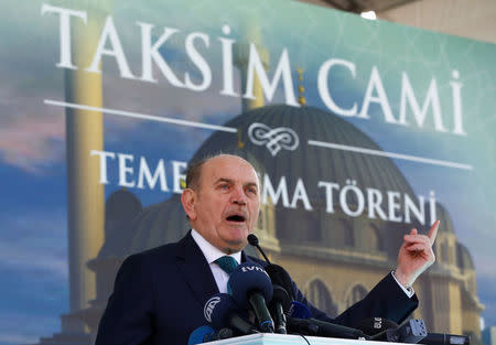 Istanbul's Mayor Kadir Topbas delivers a speech during the groundbreaking ceremony of Taksim mosque in Istanbul, Turkey, February 17, 2017. REUTERS/Osman Orsal