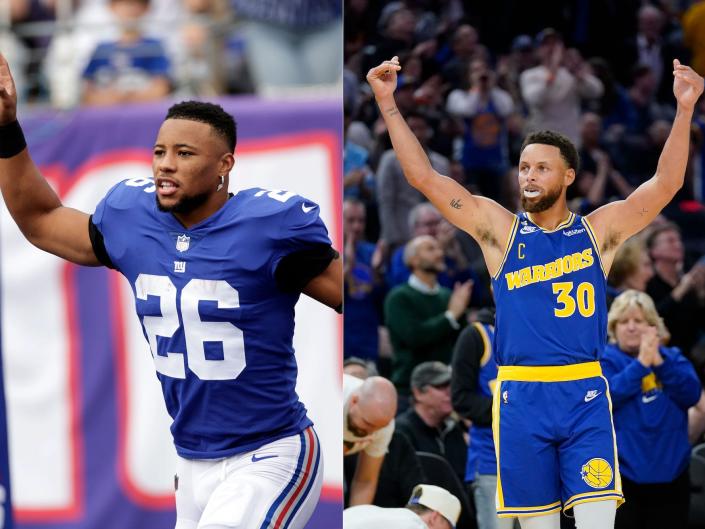 In a side-by-side photo, Saquon Barkley runs onto the field for a Giants game while pointing in the air while Stephen Curry celebrates by raising his hands during a Warriors game.