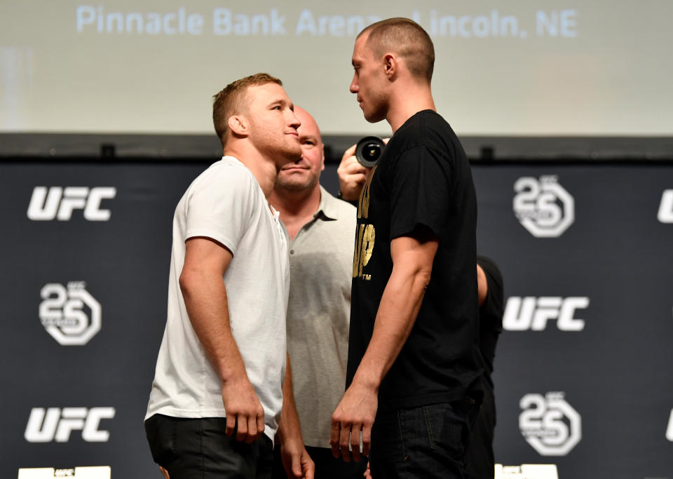 Justin Gaethje (L) and James Vick face off during the UFC press conference inside the Orpheum Theater on Aug. 3, 2018 in Los Angeles, California. (Getty Images)