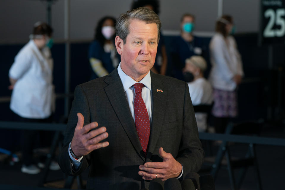 Brian Kemp, governor of Georgia, speaks during a news conference at a mass covid-19 vaccination site at the Delta Flight Museum in Hapeville, Georgia, U.S., on Wednesday, Feb. 25, 2021. (Elijah Nouvelage/Bloomberg via Getty Images)