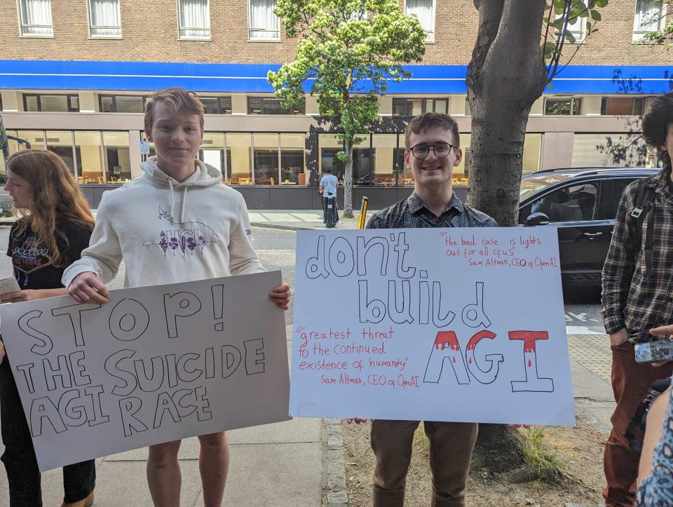 Demonstrators gather outside a UCL lecture hall in London, on May 24, 2023 during a visit by OpenAI's CEO Sam Altman.<span class="copyright">Billy Perrigo for TIME</span>