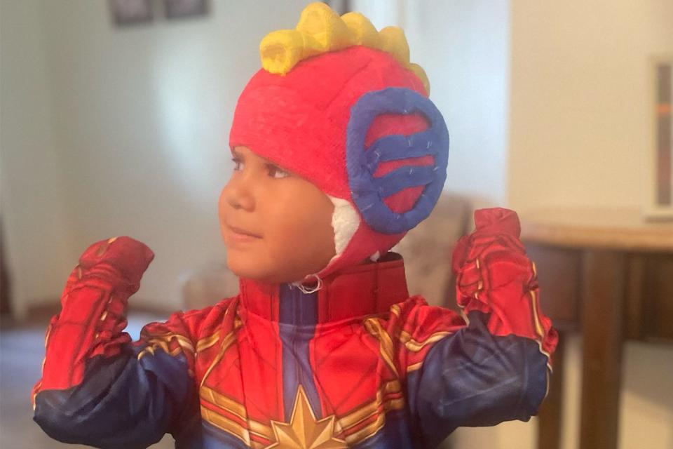 <p>Courtesy Garcia Family</p> Briza Garcia with his Captain Marvel bandage that Dr. Greives made for him post-surgery