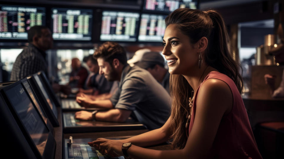 A woman at a betting table paying out customers who won their sports bets.