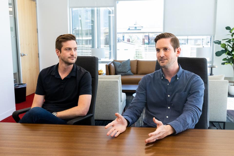 Greg, left, and Eric Levesque, founders of Utah-based tech startup Strider Technologies, discuss their company in their office in South Jordan on Monday, Aug. 14, 2023. | Megan Nielsen, Deseret News