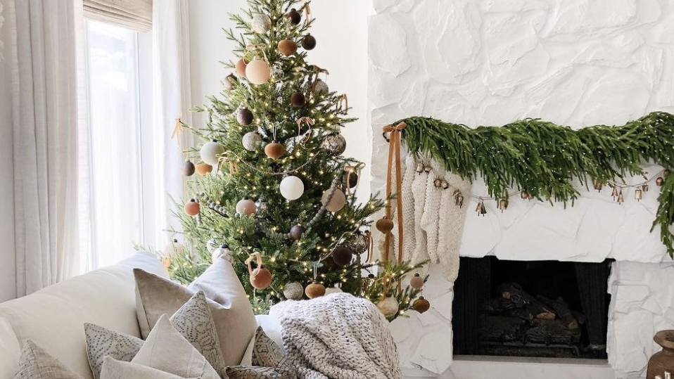 a living room with a christmas tree