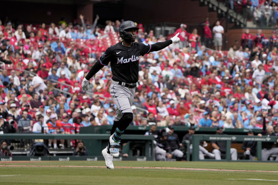 Miami Marlins' Nick Gordon celebrates after hitting a three-run home run during the first inning of a baseball game against the St. Louis Cardinals Sunday, April 7, 2024, in St. Louis. (AP Photo/Jeff Roberson)