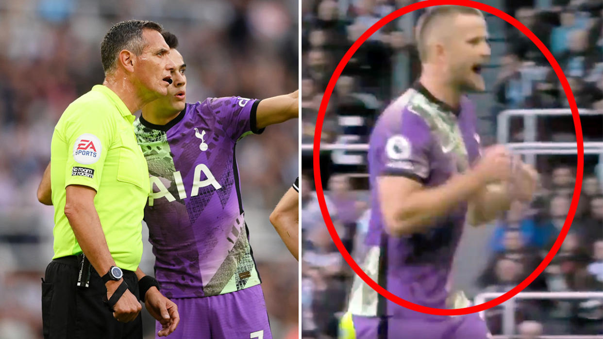 Pictured here, Tottenham players Sergio Reguilon and Eric Dier motion for help after noticing a fan in distress.