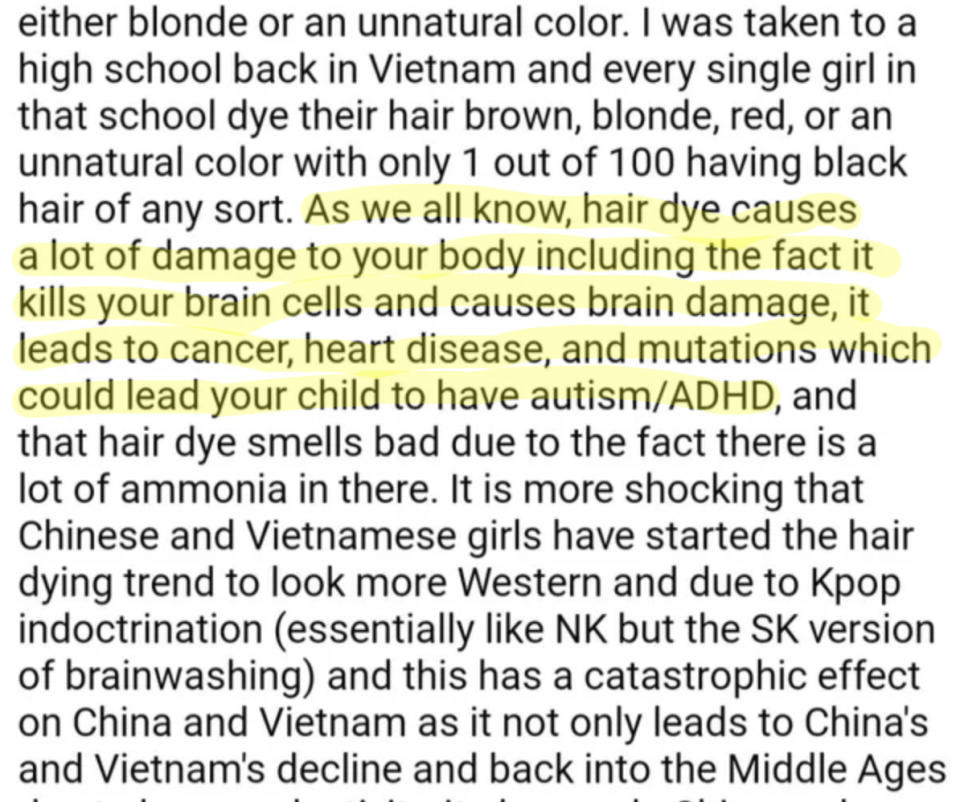 A long comment claiming that negative effects of hair dye include brain damage, ADHD, autism, cancer, and heart disease