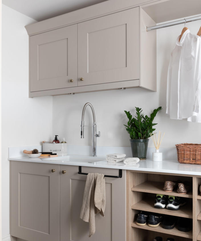 <p> Make every inch count in your small space with laundry room storage that free up precious floor area for ironing and drying. Include built-in cubby holes for shoes (if your space doubles up as a combo mudroom laundry space); caddies, baskets, and storage jars on the counter for smaller washroom essentials, and an integrated rail to hang freshly pressed shirts above the counter. Install a handy rail on a cupboard to hang towels or cloths.&#xA0; </p> <p> In a nutshell, Integrated storage solutions will make the best use of space, keeping all wash day essentials on hand but safely out of reach from pets and young children. </p>