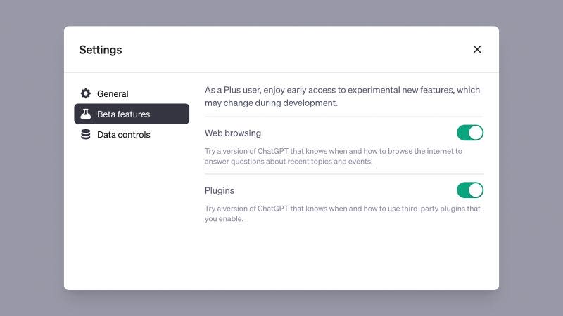 Screenshot of ChatGPT web browsing and plugin beta features menu