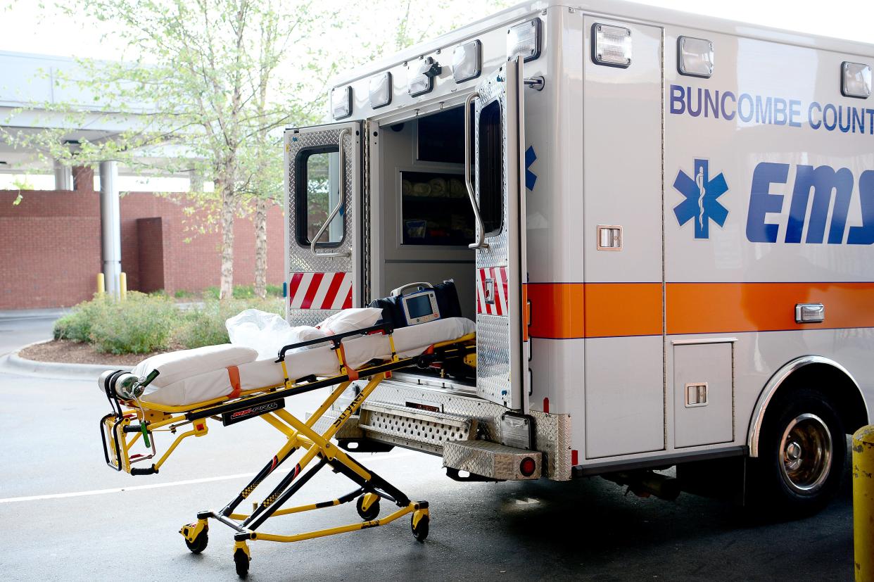 An ambulance parked outside of Mission Hospital. 